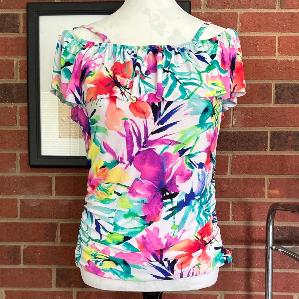 St. John's Bay Floral Off-Shoulder Swim Top - White, Pink, Purple, Teal, Green
